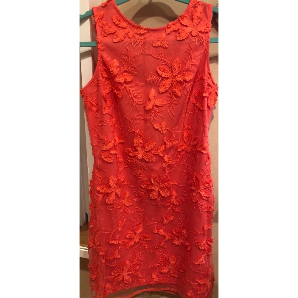Coral Sheath Dress with Floral Appliqué
